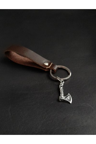 BSN Store Brown Genuine Leather Keychain with Scandinavian Ax Figure