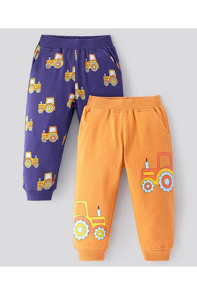 Bonfino Bonifino 100% Cotton French Terry Printed Track pant, Pack Of 2 - Blue/ Orange