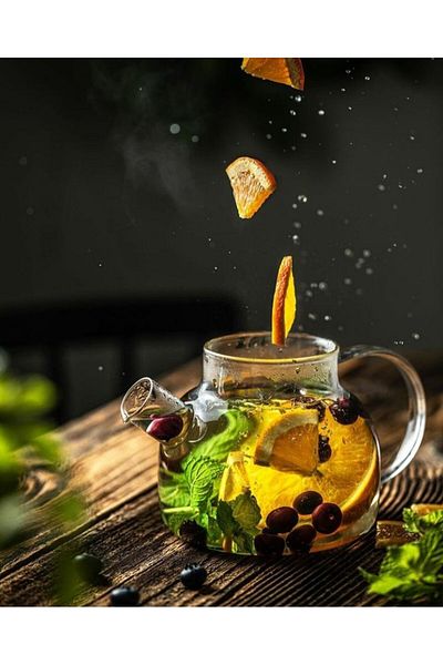 ERKUGO Heat-Resistant Borosilicate Glass Teapot with Strainer (1000ml) Vacuum Bamboo-Metal Lid, Teapot