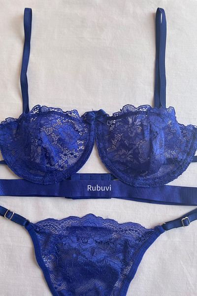 Rubuvi Victoria Women's Saks Blue Underwire Ruched Tulle Bralet Lenjerie de corp Set Sutien Set Lenjerie