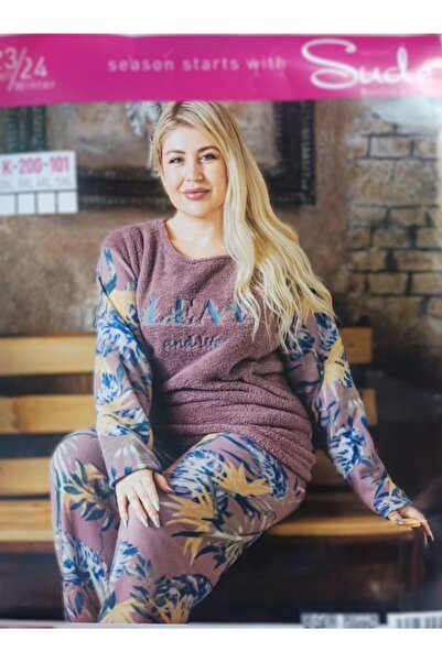 PİJAMOOD Kadın Polar Welsoft Büyük Beden Pijama Takımı Desenli