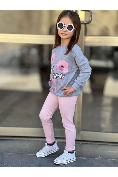 sinmm Girl's Tracksuit Set Pink Color Love Flower Print with Spring Detail Bottom Top Suit