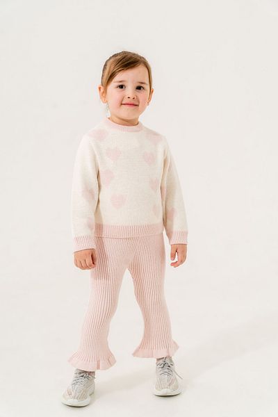 Eray Kids Heart Pattern Baby Girl Ruffled Legs Bottom Top Knitwear Set