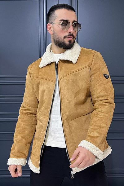 MİSHAR İTALİA Ανδρικό παλτό από κρεμ μπλούζα Suede Fur Inside
