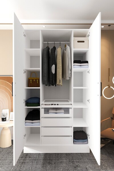 Mercie KAPAKLI 120 Cm'lik 12 Raflı Askılıklı 5 Çekmeceli Camlı Takılıklı Giyi...