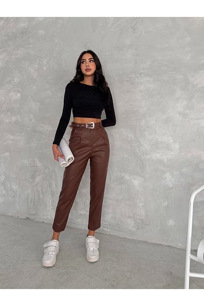Gugus Women's High Waist Leather Pants - Belted Carrot Model