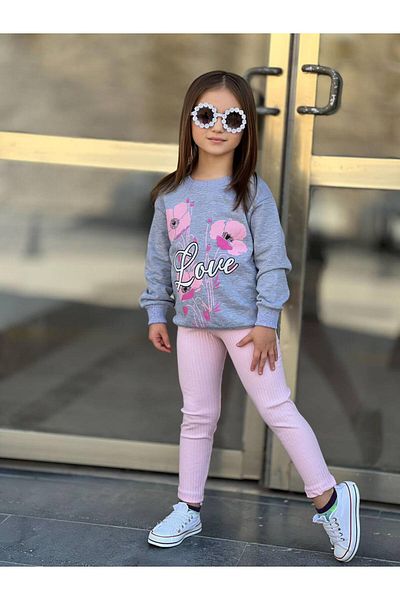 sinmm Girl's Tracksuit Set Pink Color Love Flower Print with Spring Detail Bottom Top Suit