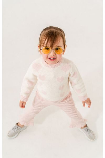 Eray Kids Heart Pattern Baby Girl Ruffled Legs Bottom Top Knitwear Set