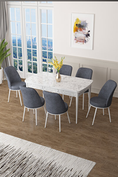 Canisa Concept Zen Serisi 80x132 Mdf Açılabilir Beyaz Mermer Desen Masa Takımı Ve 6 Füme Sandalye