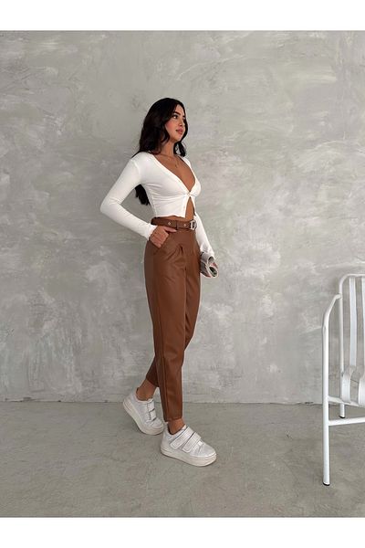 Gugus Women's High Waist Leather Pants - Belted Carrot Model