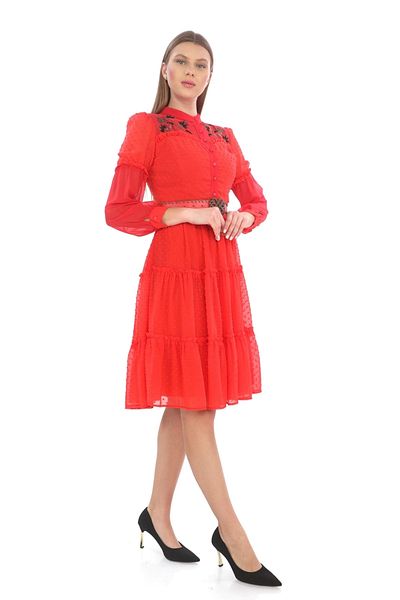 lodmela Rochie detaliată cu broderie și curea 1776-Rodie