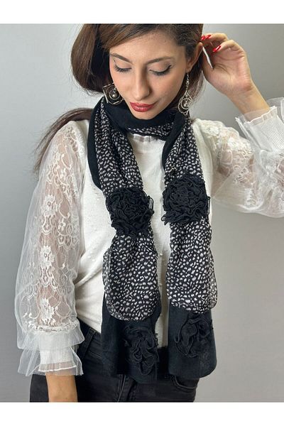 Gönülden Tasarım Eșarfă pentru femei cu design floral în relief negru Accesorii pentru îmbrăcăminte șal - 170x30 cm
