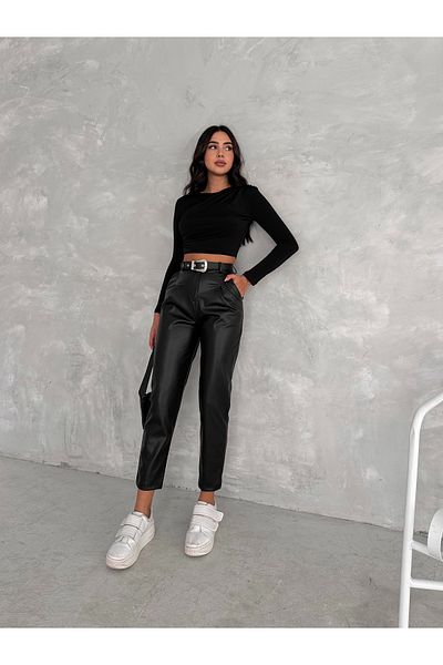 Gugus Women's High Waist Leather Pants - Belted Carrot Model