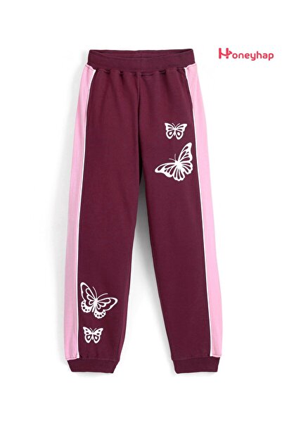 Honeyhap Premium Cotton Looper Full Length Lounge Pant With Bio Finish & Butterfly Print - Beet Red
