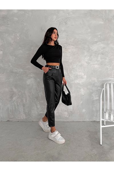 Gugus Women's High Waist Leather Pants - Belted Carrot Model