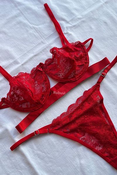 Rubuvi Victoria Femei Roșu Sârmă Dantela Tulle Bralet Lenjerie Sutien Set Lenjerie Intima