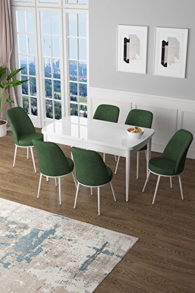 Canisa Concept Zen Serisi 80x132 Mdf Açılabilir Beyaz Masa Takımı Ve 6 Haki Y...