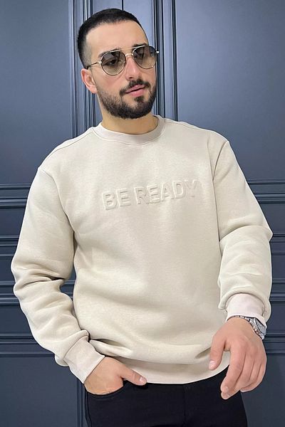 MİSHAR İTALİA Ανδρικό φούτερ σε μπεζ ανάγλυφο γράμμα Crew Neck