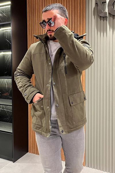 MİSHAR İTALİA Ανδρικό παλτό Gabardine με κουκούλα χακί