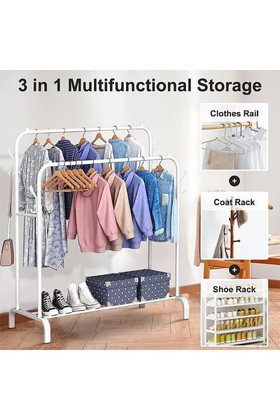 Taimi Metal Double Rail Clothes Rack - White, 110x54x150cm, with Hooks & Shelf