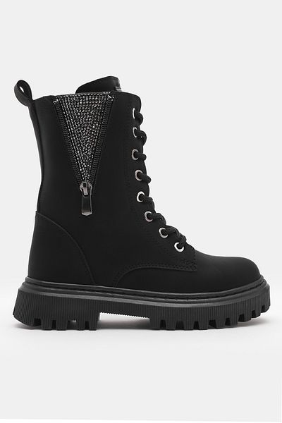Tonny Black Schwarze, matte Mädchenstiefel mit Thermosohle, seitlichem Reißverschluss, Steindetails, Schnürung und Reißverschluss