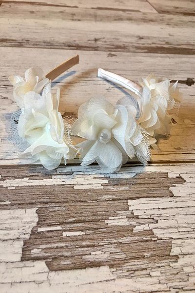 Hayalperest boncuk Cream Color Satin Plated Crown with 7 Flowers
