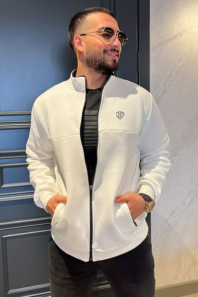 MİSHAR İTALİA Λευκό ανδρικό φούτερ με φερμουάρ με τρεις κλωστές