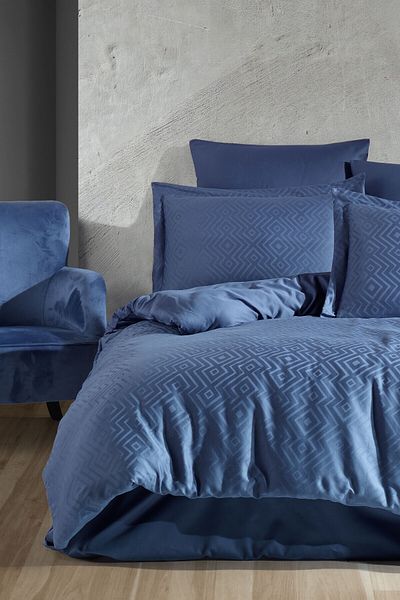 Sevim Set cuvertură de pilota dublă din jacquard și satin cu modele geometrice - 100% bumbac - Metis Indigo