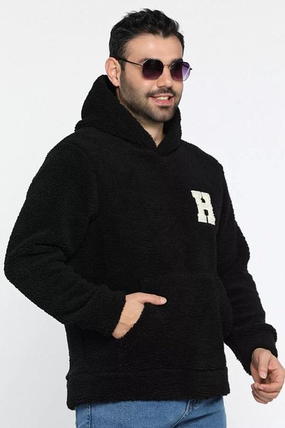 MİSHAR İTALİA Men's Black Hooded Kangaroo Pocket Plush Sweatshirt