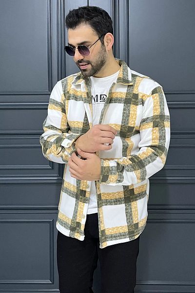 MİSHAR İTALİA Ανδρικό πουκάμισο φλις με καρό σχέδιο Creamhaki