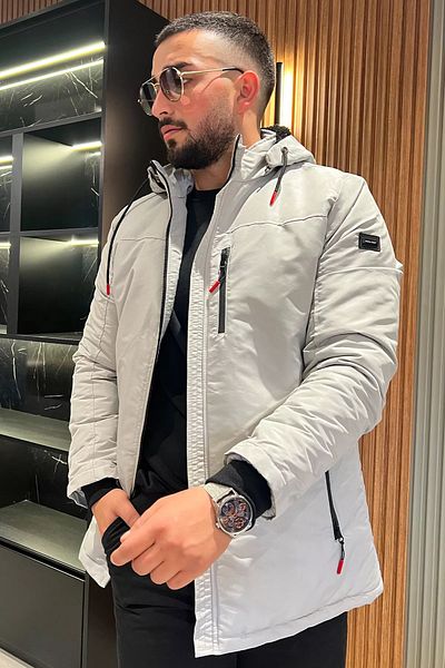 MİSHAR İTALİA Γκρι ανδρικό βελούδινο παλτό με κουκούλα με φερμουάρ