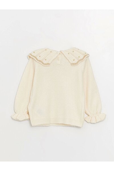 LC Waikiki Lcw Baby Ekru Bebe Yaka Uzun Kollu Kendinden Desenli Kız Bebek Triko Kazak