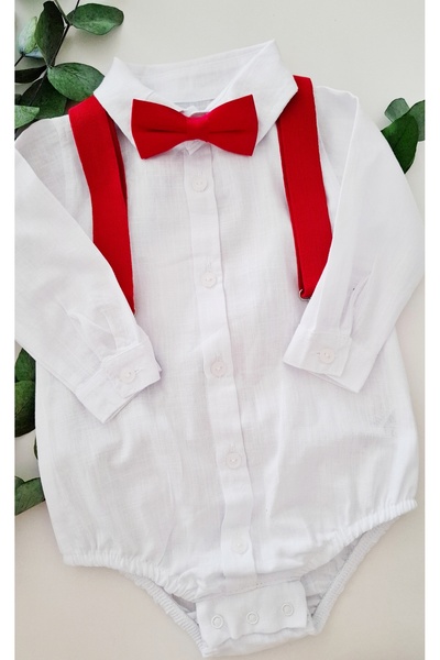 miccolatte for you tiny heart Baby Boy White Shirt Set with Snap Bottom and Red Adjustable Strap Bow Tie.