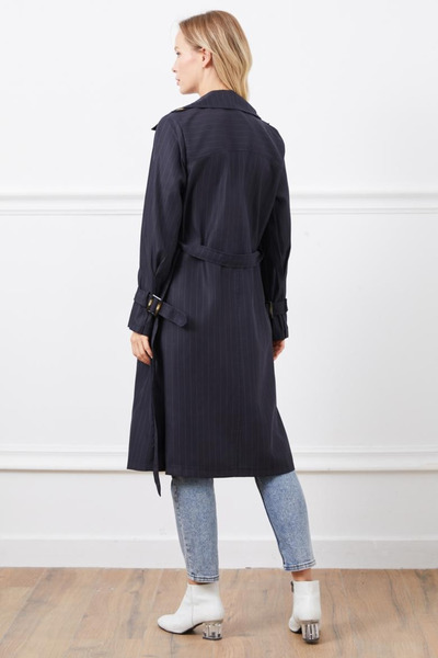 CoccoModa Kadın Lacivert Cepli Astarsız uzun Trençkot