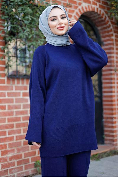 Bestenur Velay Tunic Trousers Knitwear Set 1289 - Navy Blue