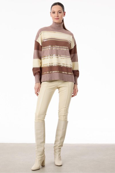 Tığ Triko Camel Colorful Striped Sequined Knitwear Blouse
