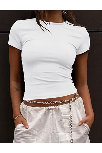 MADAM SHİLA White Darkalıp Slimfit Soft Rib Crew Neck Half Sleeve Blouse