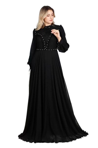 lodmela Βραδινό φόρεμα Hijab με βολάν και δαντέλα 726-Μαύρο