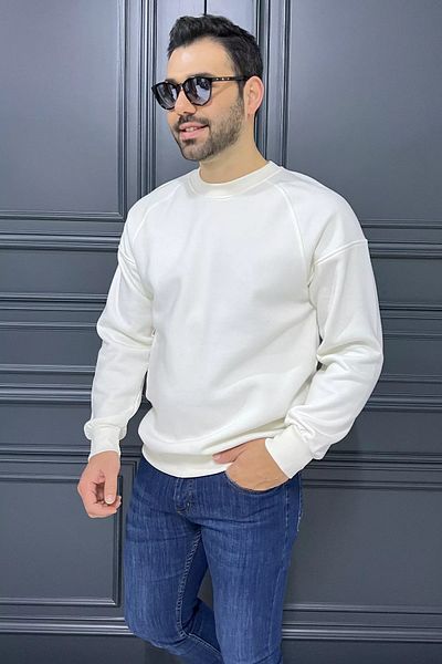 MİSHAR İTALİA Λευκό ανδρικό φούτερ με τρεις κλωστές με λαιμόκοψη