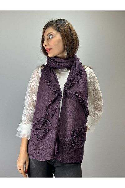 Gönülden Tasarım TRICOTAT TRICOTAT CU FLORI EșARFĂ FEMEI ŞAL 180X30 CM Violet