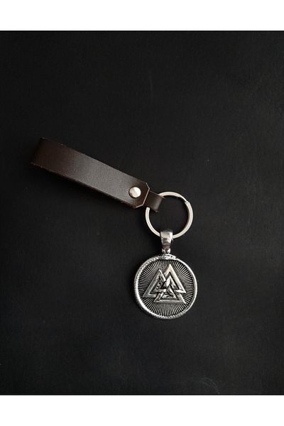 BSN Store Scandinavian Double Sided Valknut and Compass Figured Brown Genuine Leather Keychain