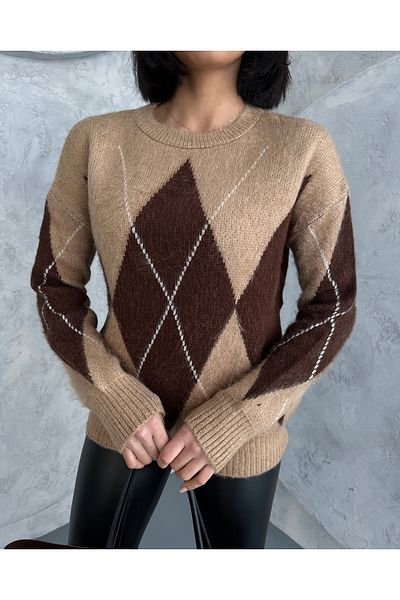 LOISY Pulover de damă cu decolteu rotund cu model Argyle