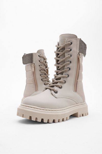 Tonny Black Μπότες Velcro για κορίτσια σε μπεζ δέρμα Thermo Sole Stone με φερμουάρ και κορδόνια
