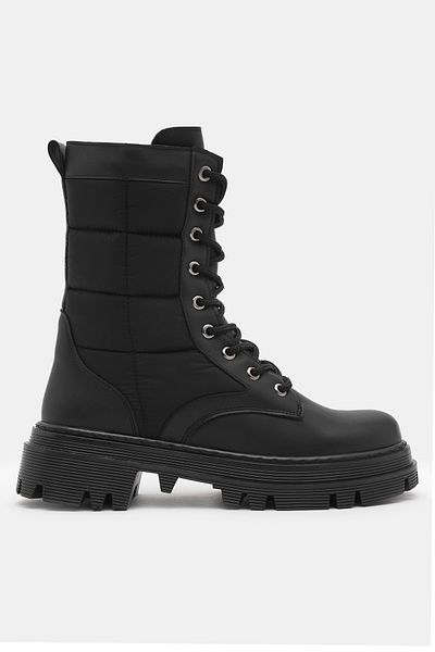 Tonny Black Γυναικείες μαύρες δερμάτινες μπότες Thermo Sole με κεντημένα πλακάκια με κορδόνια και φερμουάρ