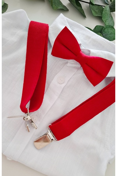 miccolatte for you tiny heart Baby Boy White Shirt Set with Snap Bottom and Red Adjustable Strap Bow Tie.