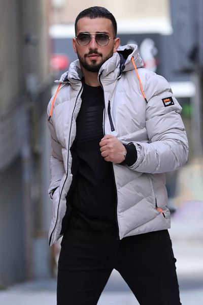 MİSHAR İTALİA Γκρι ανδρικό παλτό με βελούδινο φερμουάρ με κουκούλα