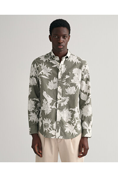 Gant Erkek Yeşil Regular Fit Desenli Keten Gömlek