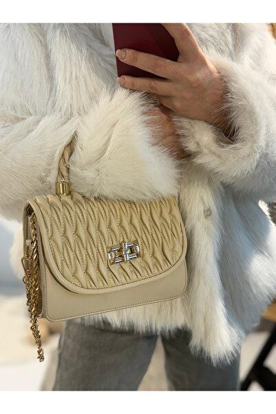 Seniorah Cream Colored Patterned Buckle Strap Women's Bag