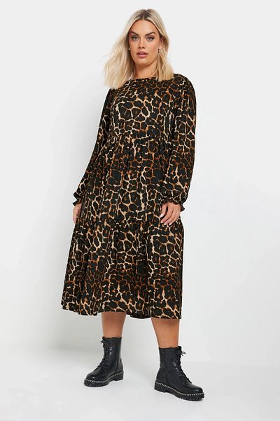 Stil Diva Plus Size Soft Texture Leopard Print Balloon Sleeve Dress 270014