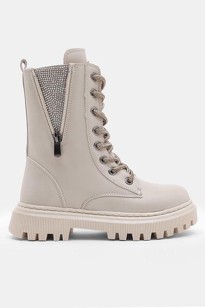 Tonny Black Κοριτσίστικα μπεζ δερμάτινα Thermo Sole Side Zipper Stone Λεπτομερείς μπότες με κορδόνια και φερμουάρ